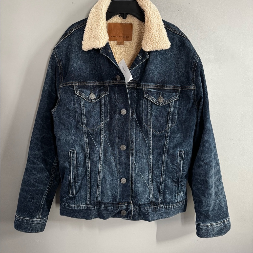 American Eagle Outfitters Blue Denim Jacket with Cream Sherpa Collar